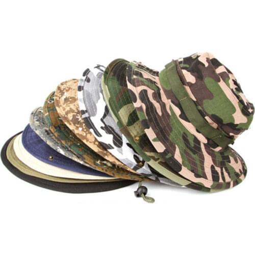 Men Women Sports Boonie Washed Cotton Twill Chin Cord Military Camouflage Hunting Hat Travel Sun Cap Bucket Style Fisherman Hats