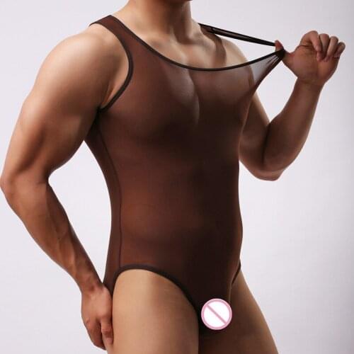 Mens Underwear Transparent Gauze Sleeveless Leotard Sexy Sleep Lounge Onesies MXLT1