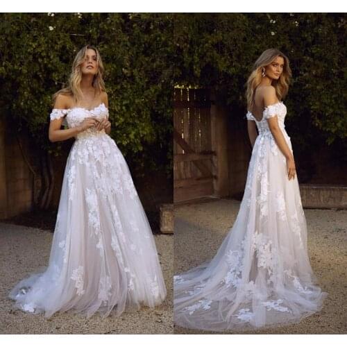 New Country Boho Wedding Dresses 2020 Sexy Backless A Line Off Shoulder Appliqued Tulle Long Summer Bridal Gowns Bohemian