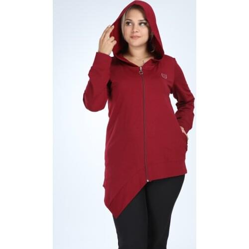 Pianoluce Women Large Size Front Zipper Hooded Pocket Zipper Coat Burgundy P5106