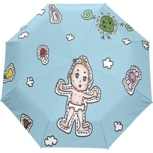 Custom Lovely Baby Design Sun Umbrella Sunny and Rainy Black Coating Good Quality Sunscreen Three Folding Umbrella Parasol