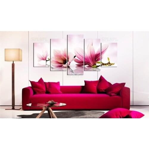 5 Pieces Simple Pink Blossom Poster Colorful Magnolias Flower Canvas Painting Modern Wall Art Pictures for Living Room Decor