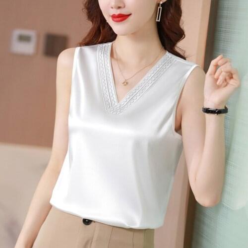 QOERLIN M-3XL Summer Plus Size Satin Tops Vest Women Fashion Sleeveless Tank Tops Female 2021 New V Neck Beaded Top Shirt Office