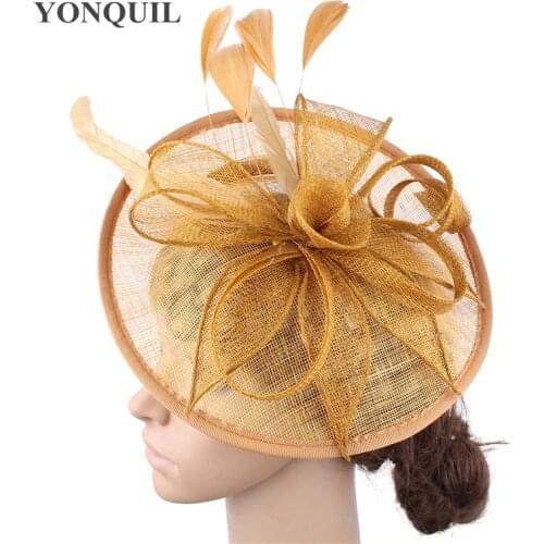 Gold Sinamay Hats Feather Flower Fascinators For Party Hats Bridal Hair Accessories Wedding Cocktail Hats High Quality SYF205