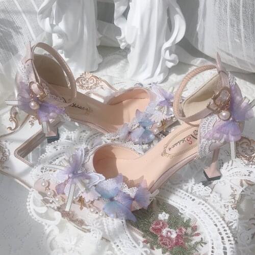 Sweet Flower Wedding Butterfly High Heels 5cm/8cm Lolita Woman Shoes Pearl Decoration Beautiful Girls Kawaii Fairy Wedding Shoes