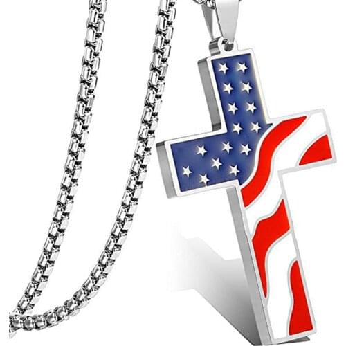 USA Flag Silver Plated Cross Pendant Necklace Stainless Steel American Jesus Religion Amulet Christian Jewelry Dropshipping