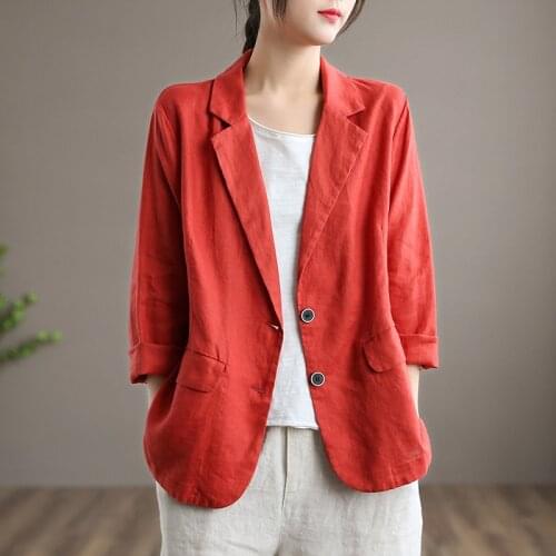 Vintage Solid Color Casual Blazer Jacket Womens Loose Cotton Linen Outerwear 2021 Spring Summer Shirt Suit Coat Female Top