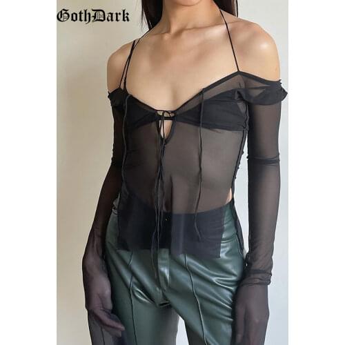 Goth Dark Y2k Punk Mesh See Through T-Shirts Women Cyber Sexy Summer Halter Tops Lace Up Long Sleeve Patchwork Slit Hem Clothes