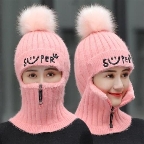 Brand Winter Hats Set Women Knitted Wool Hat Mask Lady Warm Velvet Thick Cycling Beanies Skullies Hat Female Collar Jumper Cap