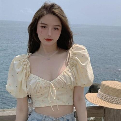 Women Summer Puff Sleeve Crop Tops Yellow Floral Printed V-neck Elegant Shirt Korean Ladies Sexy Short Tops