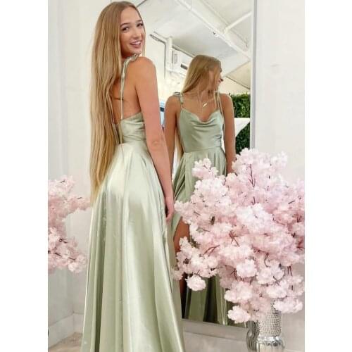 Sexy Long A-Line Sage Prom Dresses with Pockets Backless Robe De Soiree Floor Length Satin Side Slit Formal Party Gown for Women