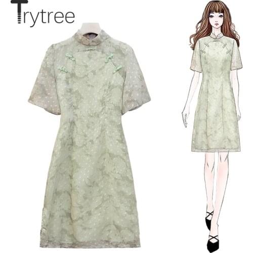 Trytree Summer Women Casual Dress Dot Chinese Style Mandarin Collar Side Split Hem Silky Vintage Cheongsam Knee-length Dress