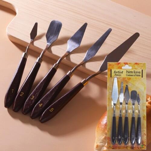 5pcs/set Wooden Handle Professional Stainless Steel Kitchen Cake Cream Spatula Oil Painting Mixing Knife Scraper Art Supplies