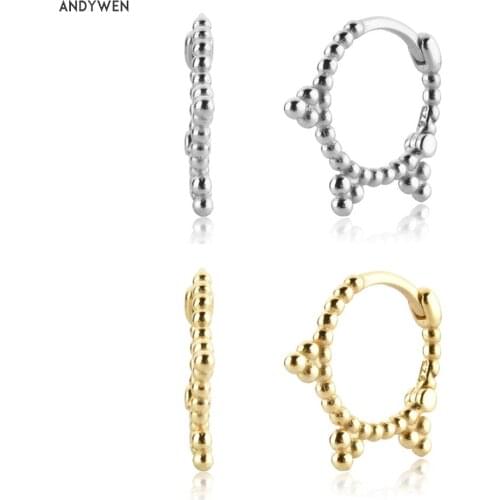 ANDYWEN 925 Sterling Silver Three Beads Charms Hoops Piercing Huggies Luxury Jewelry Clips Fine Jewelry Gift 2021 Wedding Rock