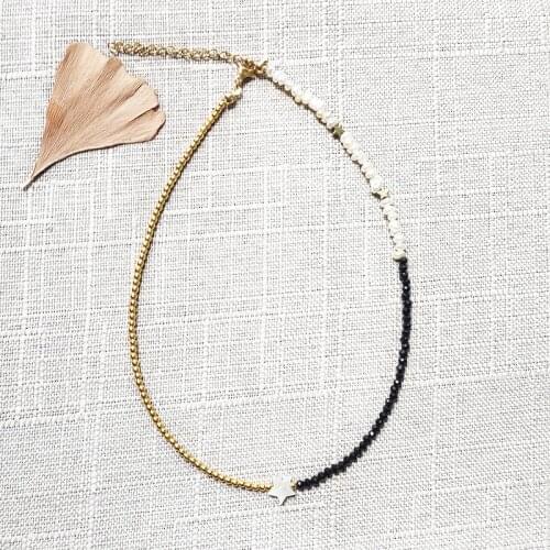Asymmetrical Design Black Crystal Gold-color Bead Stitching Necklace Vintage Trendy Charm Shell Star Pendant Choker Couple Joyas