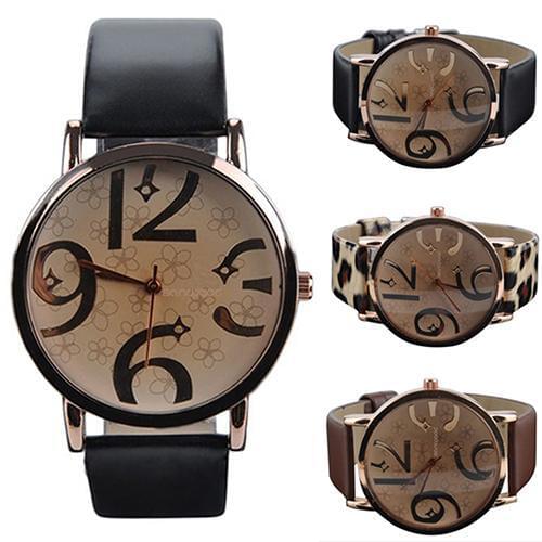 New Womens watches Casual Alloy Flower Big Numbers Dial Faux Leather Strap Clock Quartz Wrist Watch ladies watch reloj mujer