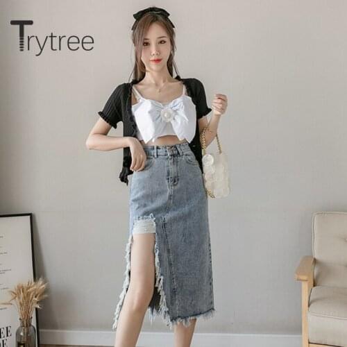 Trytree Summer Women Casual Cowboy Skirt Tassel Split hem A-line Gift Belt Fashion Fashion Elegant Mid-Calf Office Lady Skirt