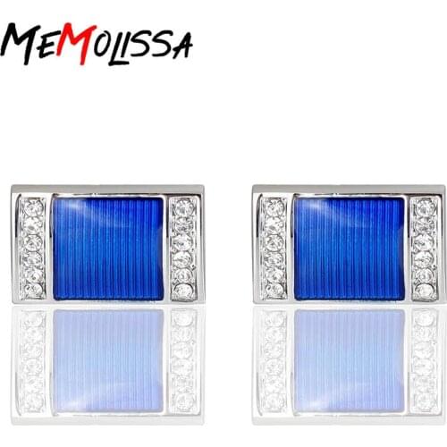 MeMolissa Classic Jewelry Wedding Cufflinks Fashion Blue Square Silver Crystal Bussiness Mens Cuff links High Quality