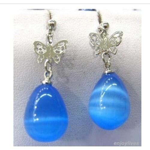 Fashion jewelry Free Shipping Blue Opal Drop White Plated Butterfly Earrings -Bride jewelry