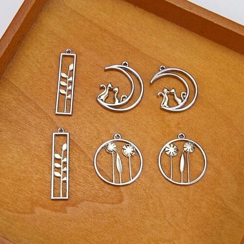 Fashion Jewelry Charms 20pcs/Lot Silver Tone Alloy Hollow Out STyle Cute Moon Cat Round FLower Rectangle Shape Earring Pendants