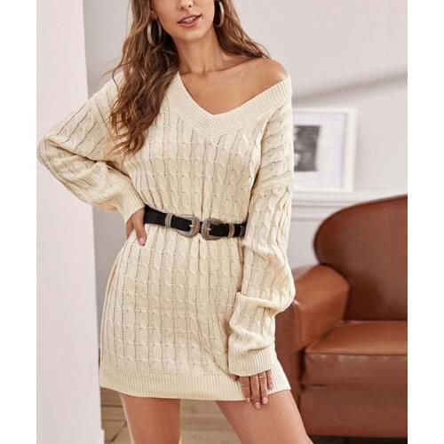 Autumn Knitted Dress Women V Neck Winter Dress Ladies Loose Sweater Dress For Women Long Sleeve Warm 2021