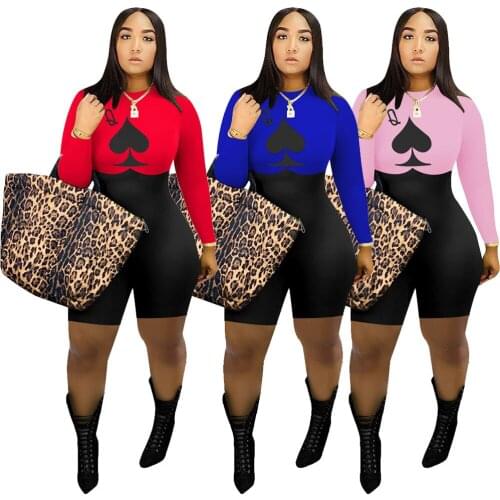 Echoine Casual Womens Jumpsuit Skinny Bodysuit Playsuit Active Poker Card Printed Patchwork Fitness Playsuit Sexy Fashion Romper