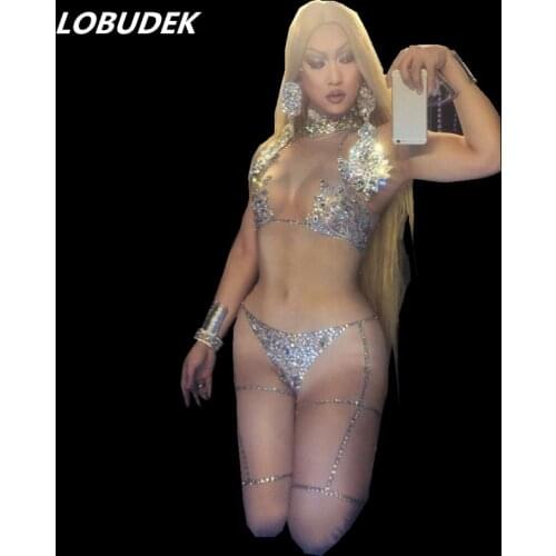 Sexy leotard Rompers female costume Shining stone Crystal jumpsuit stage wear Sparkling performance nightclub show singer dance