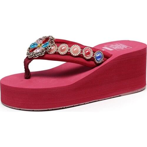 Summer Ladies High Heels Flip Flops Fashion Flowers Color Rhinestone Temperament All-Match Womens Shoes Slope Beach Slippers