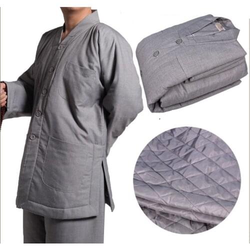 Unisex buddhism Winter warm monks suits cotton abbot nununiforms lay meditation clothing sets martial arts clothes gray
