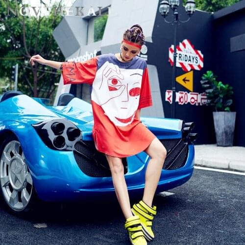 Personality New womens T-shirt Europe trend street graffiti clothing Tee youthful design Abstraction loose long T-shirt