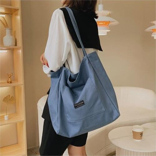 Women Canvas Tote Bag Shoulder High-capacity Shopping Traveling Students Books Fashion Ins Multifunction Casual Portable Blue