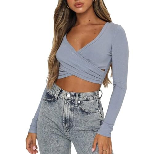 Women’s Casual Long Sleeve T-shirt Fashion Solid Color Cross V-neck Exposed Navel Tops