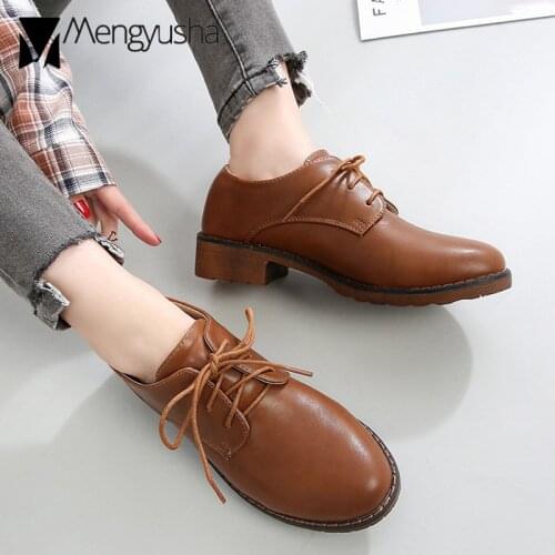 Ladies Oxford Shoes Black/Brown Leather Derby Rubber Flats Women Lace-Up Low Thick Heels Creepers Academic Girls Student Loafers