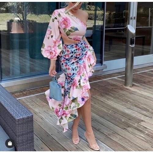 STYLISH LADY Floral Printed 2 Piece Set 2021 Women One Shoulder Lantern Sleeve Crop Top and Side Split Ruffle Skirt Set Outfits