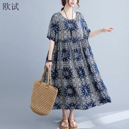 Oversized Floral Plaid Long Summer Dress Women Cotton Vintage Ladies Dresses New Fashion Loose Oversize Casual Dress Vestidos
