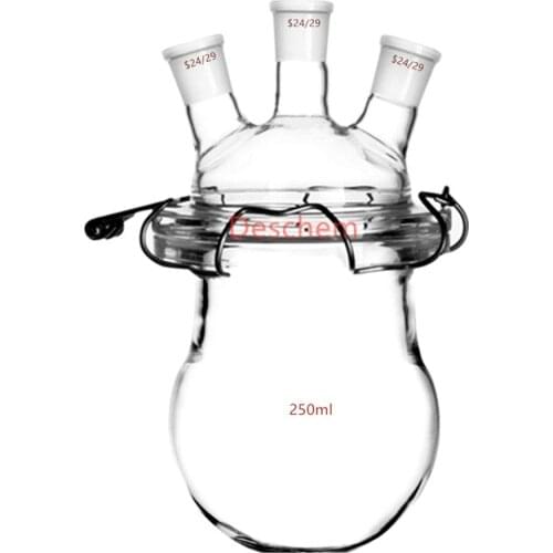 24/29 Glass Reactor 3-Neck Flat Bottom Lab Reaction Flask Vessel W/Clamp & Three Necks Lid