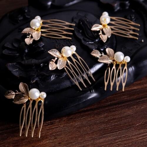5PCS Small Gold Color Leaves Style Pearl Hair Comb for Hair Jewelry Head Piece For Wedding Bride Hair Ornament For Girl