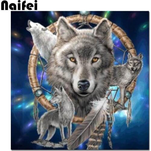 Animal Wolf Moge Diamond Painting Full Round 5D Indian Style DIY Feather Sticking Drill Cross Embroidery Diamond embroidery
