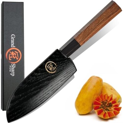 Grandsharp 5 Inch Santoku Knife Japanese Kitchen Knives 3 Layers AUS-10 Steel Chefs Cooking Tools Wooden Scabbard Saya Gift Box
