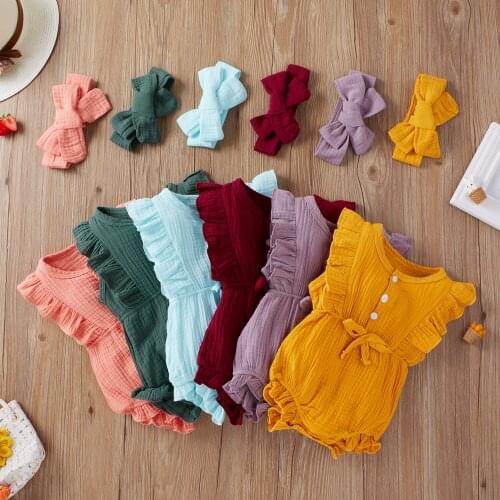 Newborn Baby Girls Romper 2pcs Set Infant Kids Fly Sleeve Jumpsuit Button Kids Linen Soft Clothes Toddler Ruffles Playsuits