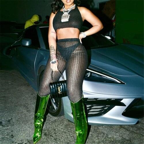 Summer Ribbed Sexy See-Through Stripes Mesh Solid Black Sets Short Cropped Top+Legging Pants For Ladies Club Sporty 2Pcs Outfits