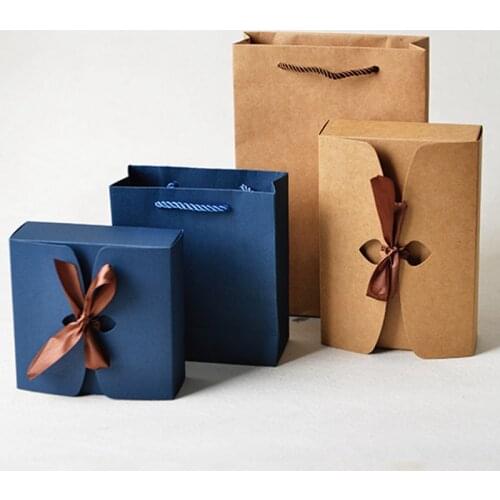 Kraft Paper Box With Ribbon & paper bag DIY Wedding Birthday Christmas Party Gift Box Vintage Retro Decoration Bag 10pcs/lot