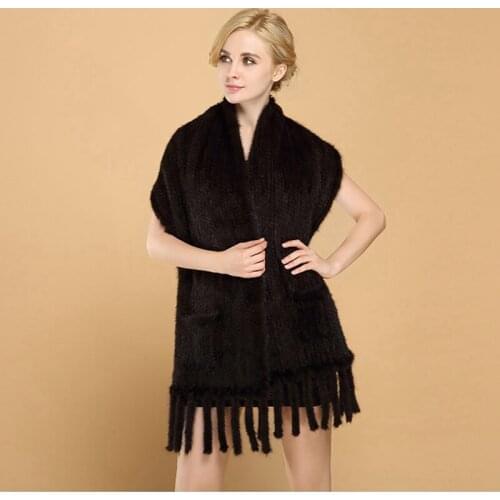 ZY87006 2016 Hot Sale Handmade Ladies' Genuine Natural Knitted Mink Fur Shawls With Tassels Winter Women Fur Wraps Outerwear
