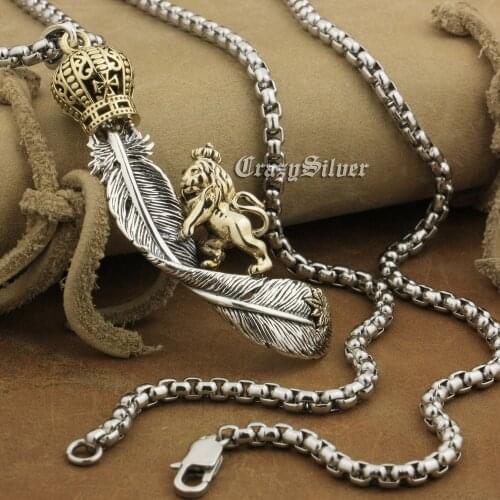LINSION 925 Sterling Silver Huge Feather Brass Crown Lion Mens Biker Pendant 8A042