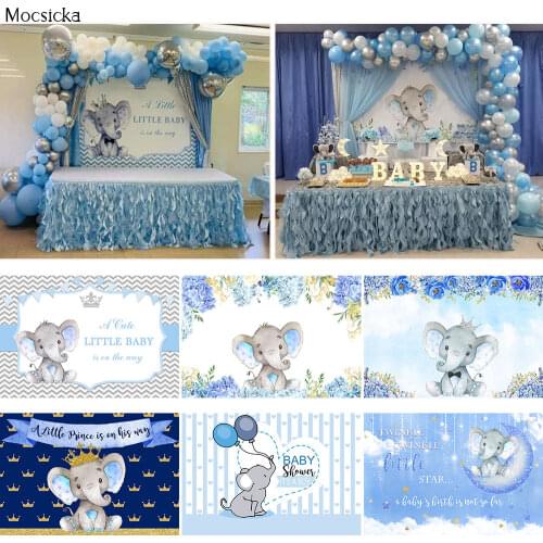 Mocsicka Elephant Baby Shower Backdrop Pink and Blue Birthday Party Photography Background Watercolor Floral Decoration Banner