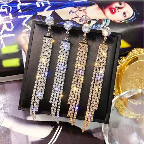 Fashion inlaid rhinestone personality long fringed temperament pearl earrings party ornaments earrings