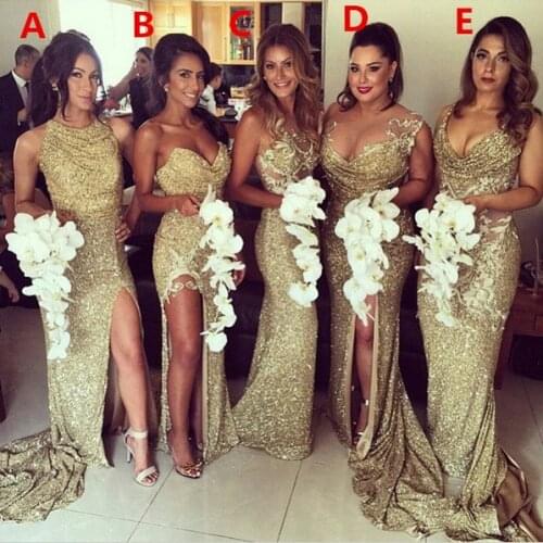Gold Cheap Bridesmaid Dresses Under 50 Mermaid Halter Sequins Sparkle Slit Sexy Long Wedding Party Dresses
