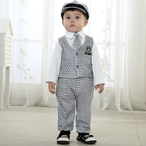 Boys Clothing 3 4 Years Gentleman Set Spring Kids Clothes Long Sleeve Plaid Suit Set Tie Kids Cap Sets England Style 5 Pieces