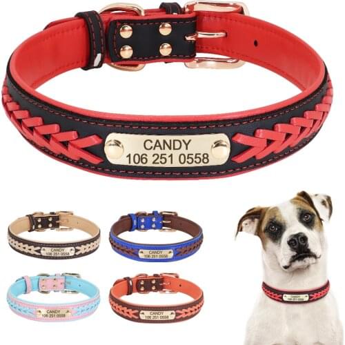 Personalized Leather Dog Collar Custom Pet Puppy Cat Nameplate Collar For Small Medium Large Dogs Engraved Tag Collar Adjustable