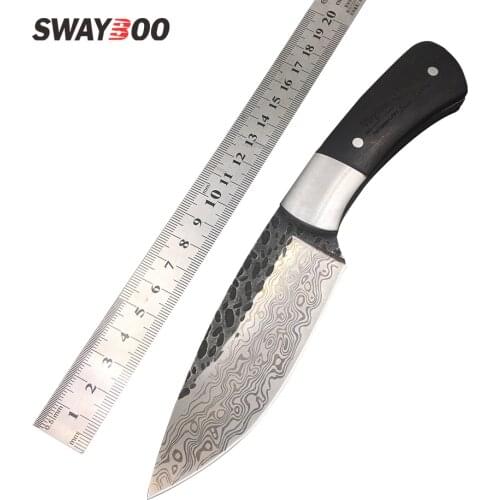 Swayboo Straight Handmade forged Damascus Steel pattern hunting survival knife fixed blade tactical knife 58HRC ebony handle
